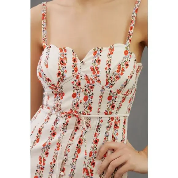Anthropologie Slim Scalloped Corset Dress Floral Striped Belted Button Slit Midi - Picture 4 of 14